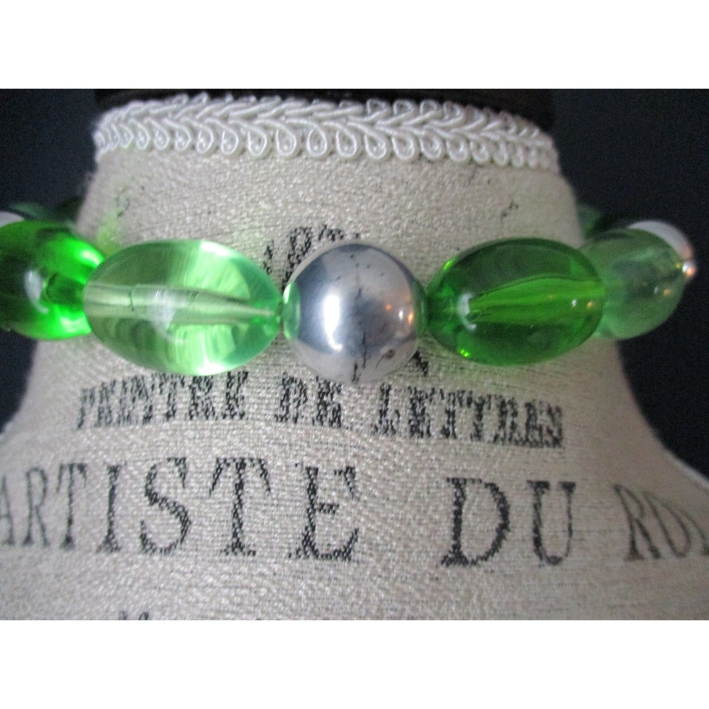 Vintage West Germany Lime Green and Silver Beaded Choker Necklace - Picture 9 of 10